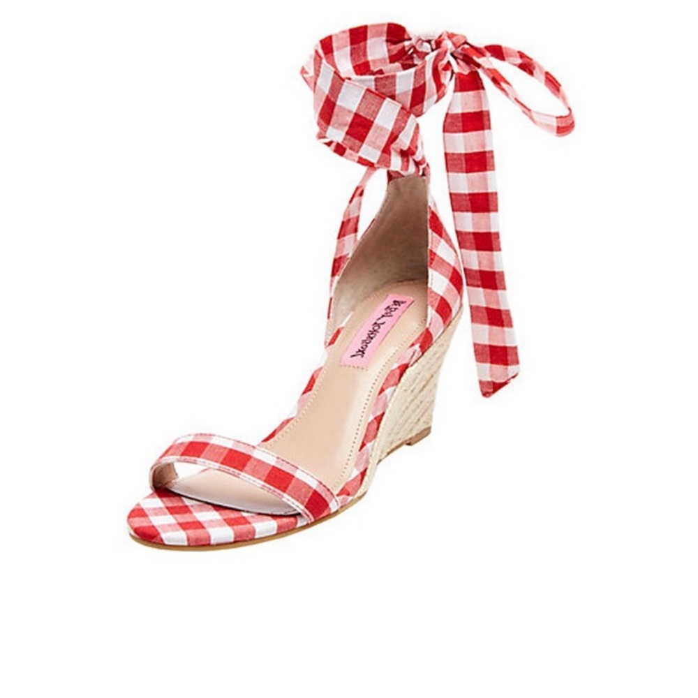 Betsey Johnson Red White Jemi Lace Up Gingham Wedge